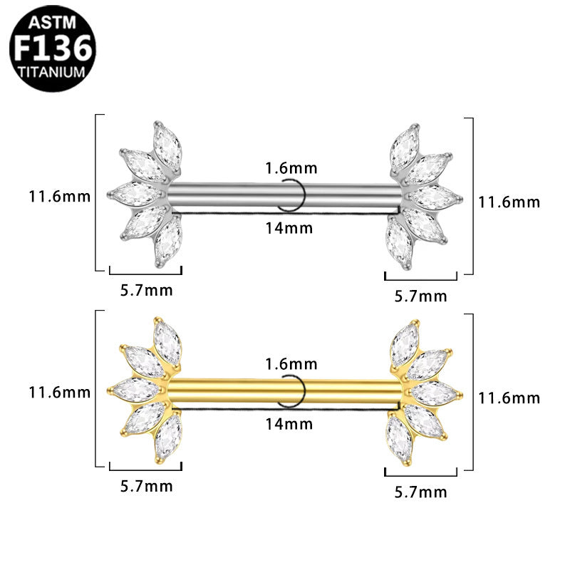 ASTM F136 Titanium 14G Marquise CZ Threadless Nipple Ring Hypoallergenic Body Piercing Jewelry