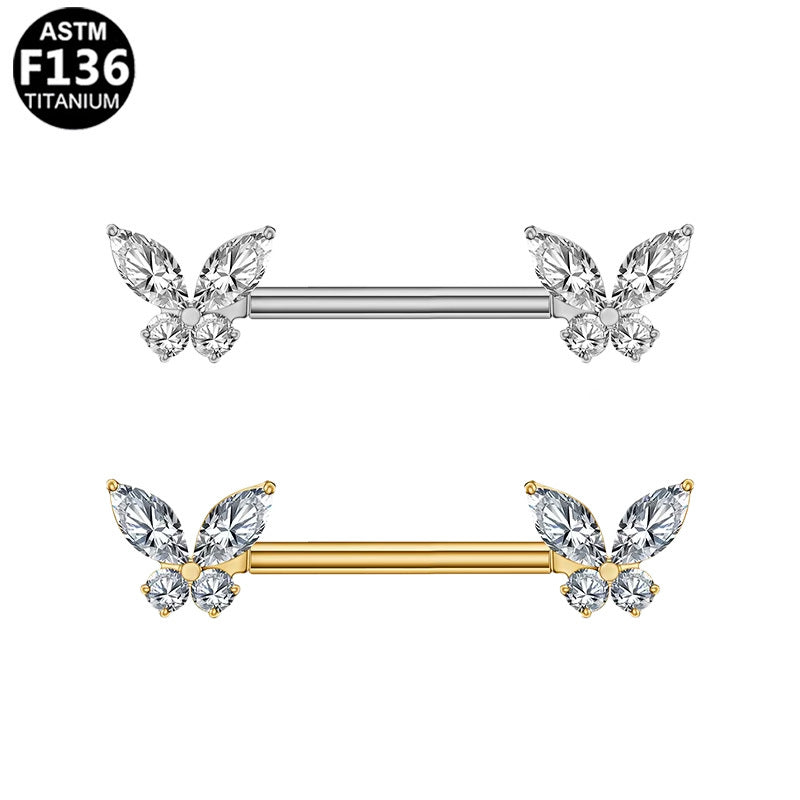 ASTM F136 Titanium 14G Butterfly CZ Threadless Nipple Ring Hypoallergenic Piercing Jewelry