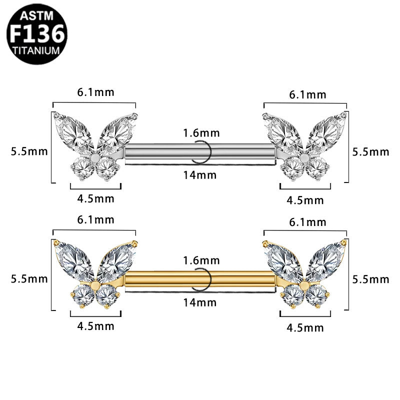 ASTM F136 Titanium 14G Butterfly CZ Threadless Nipple Ring Hypoallergenic Piercing Jewelry