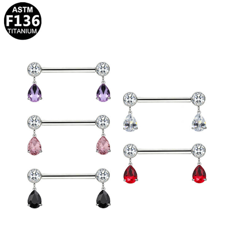 ASTM F136 Titanium 14G Teardrop CZ Dangle Threadless Nipple Ring Hypoallergenic Piercing Jewelry