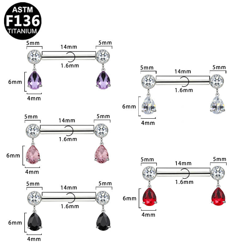 ASTM F136 Titanium 14G Teardrop CZ Dangle Threadless Nipple Ring Hypoallergenic Piercing Jewelry