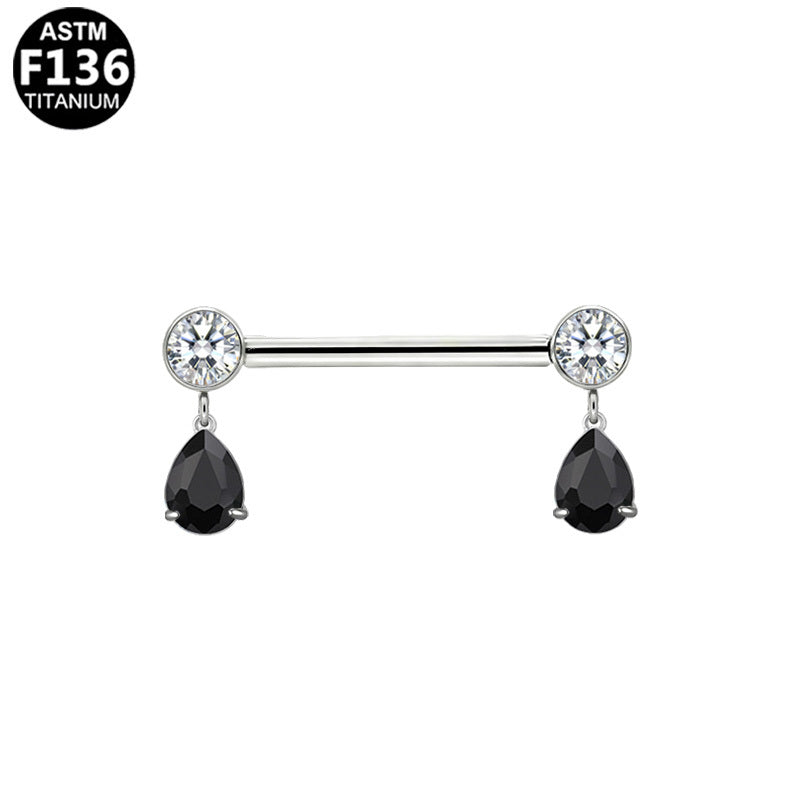 ASTM F136 Titanium 14G Teardrop CZ Dangle Threadless Nipple Ring Hypoallergenic Piercing Jewelry