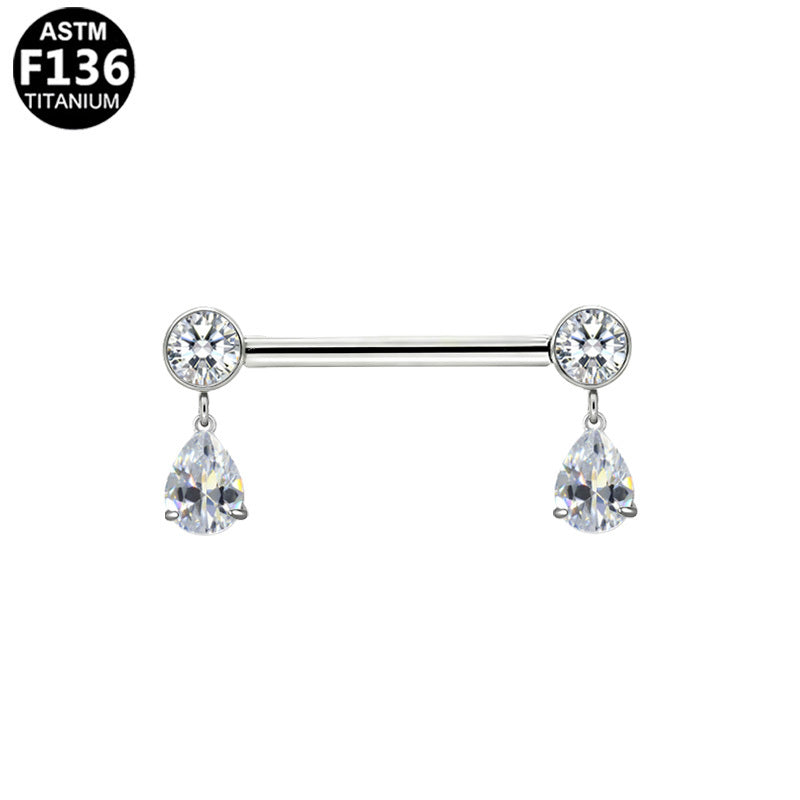 ASTM F136 Titanium 14G Teardrop CZ Dangle Threadless Nipple Ring Hypoallergenic Piercing Jewelry
