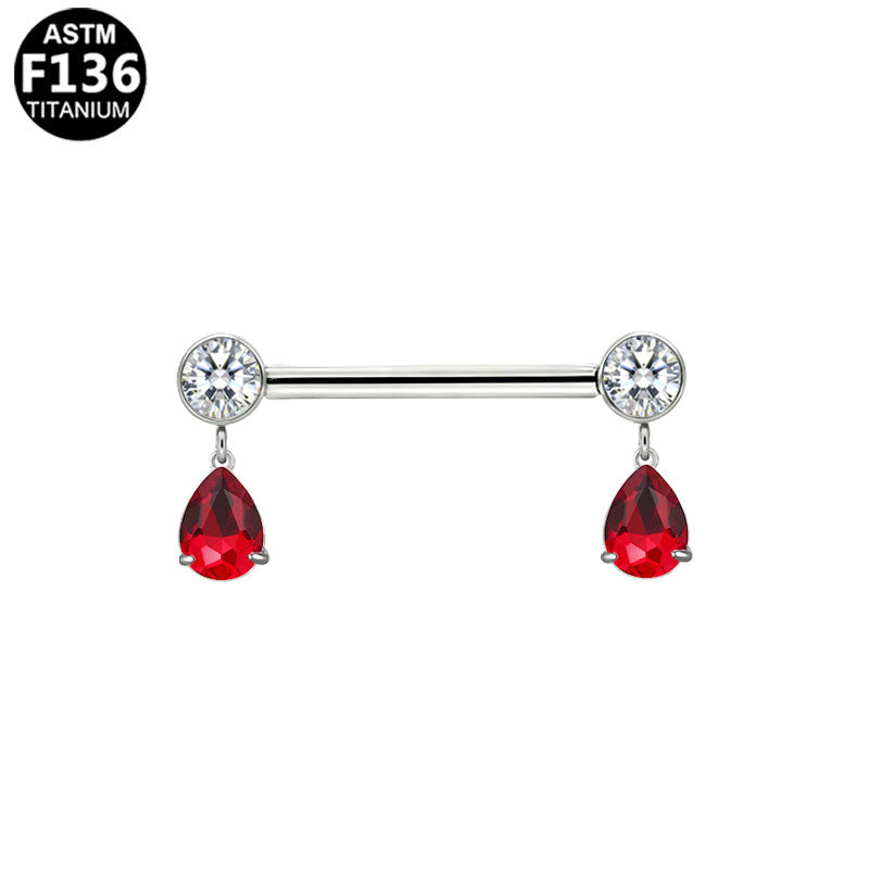 ASTM F136 Titanium 14G Teardrop CZ Dangle Threadless Nipple Ring Hypoallergenic Piercing Jewelry