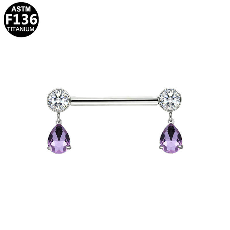 ASTM F136 Titanium 14G Teardrop CZ Dangle Threadless Nipple Ring Hypoallergenic Piercing Jewelry