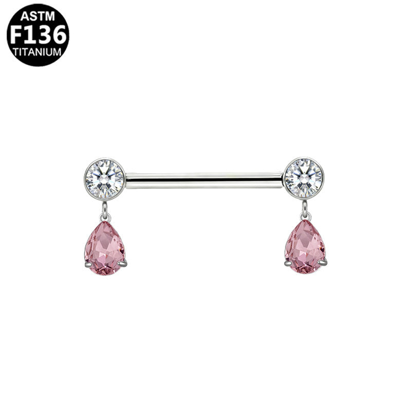 ASTM F136 Titanium 14G Teardrop CZ Dangle Threadless Nipple Ring Hypoallergenic Piercing Jewelry