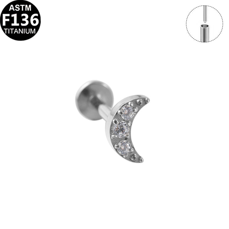 ASTM F136 Titanium 16G Moon with CZ Threadless Labret Hypoallergenic Piercing Jewelry