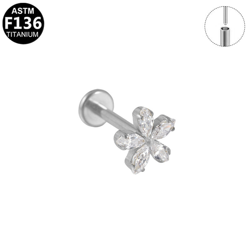 ASTM F136 Titanium 16G Marquise CZ Flower Threadless Labret Hypoallergenic Piercing Jewelry