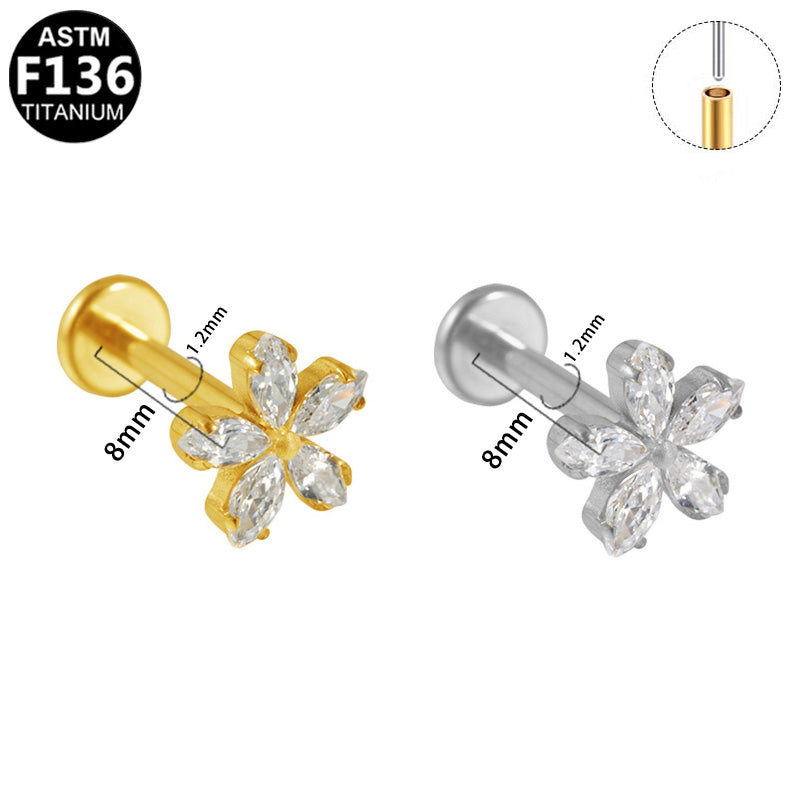 ASTM F136 Titanium 16G Marquise CZ Flower Threadless Labret Hypoallergenic Piercing Jewelry