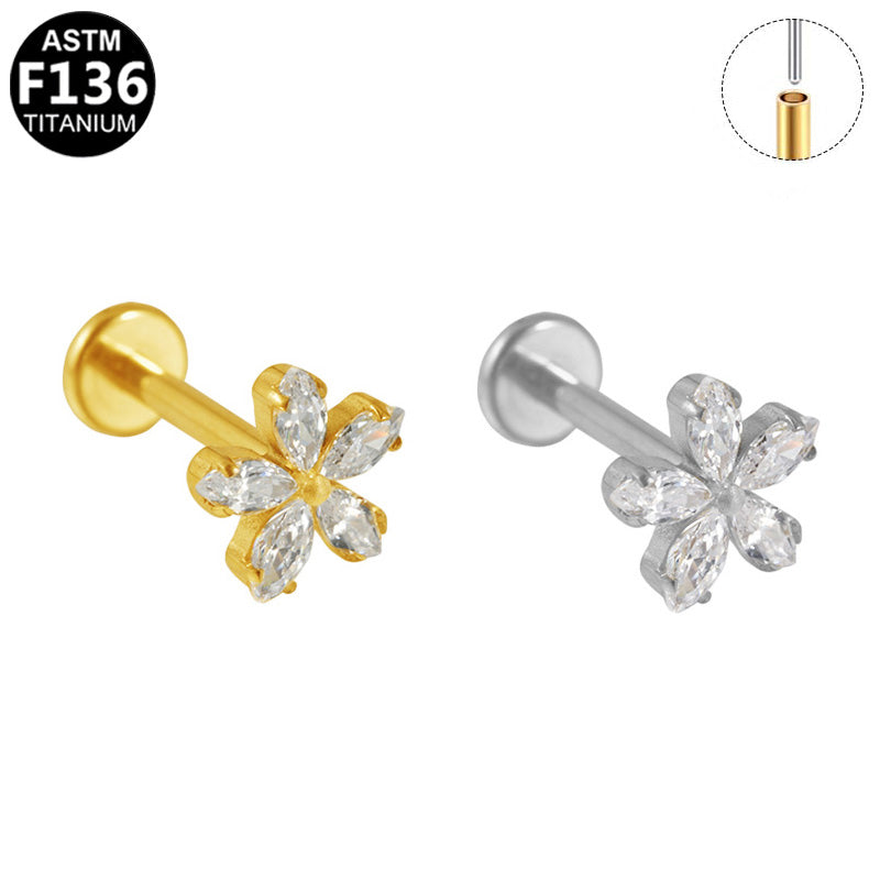 ASTM F136 Titanium 16G Marquise CZ Flower Threadless Labret Hypoallergenic Piercing Jewelry