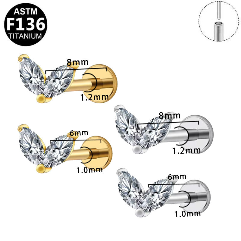 ASTM F136 Titanium 16G18G Marquise CZ Threadless Labret Gold Silver Hypoallergenic Piercing Jewelry