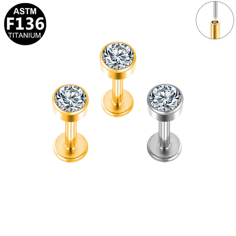 ASTM F136 Titanium 16G18G Round Bezel CZ Threadless Labret Hypoallergenic Piercing Jewelry