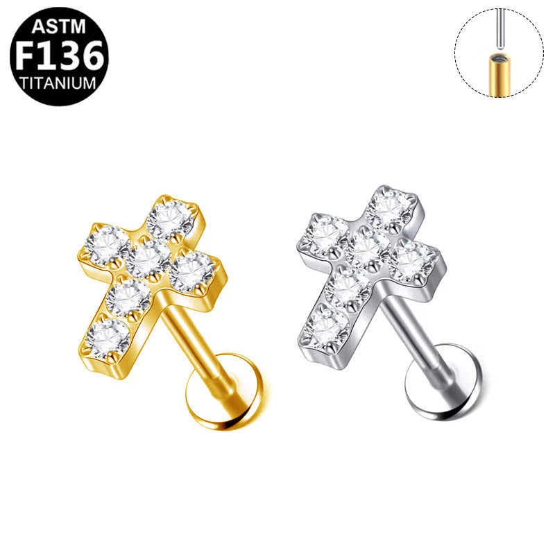 ASTM F136 Titanium 16G Cross CZ Threadless Labret Hypoallergenic Piercing Jewelry