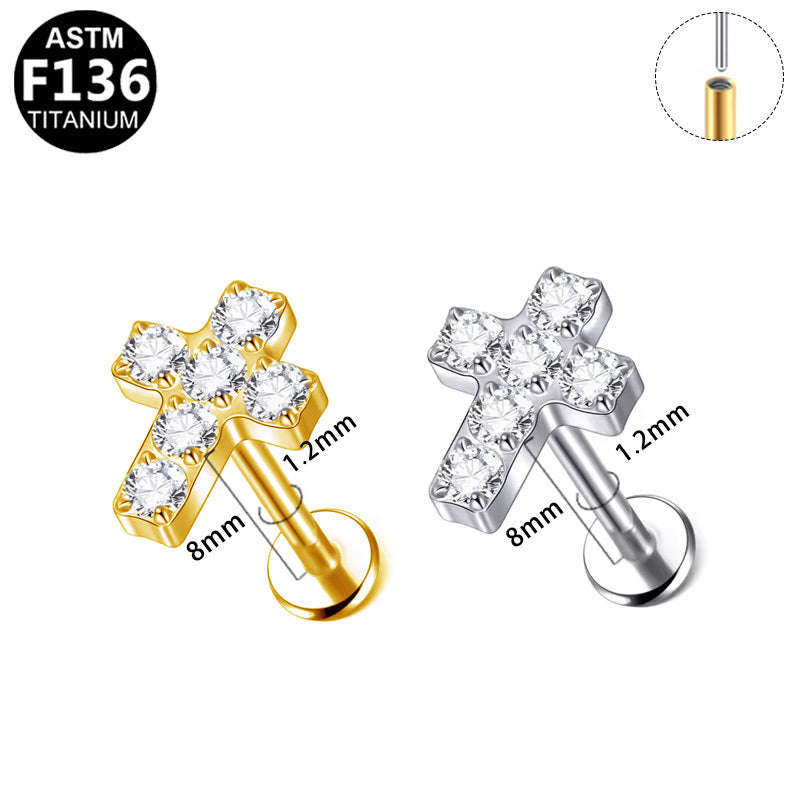 ASTM F136 Titanium 16G Cross CZ Threadless Labret Hypoallergenic Piercing Jewelry