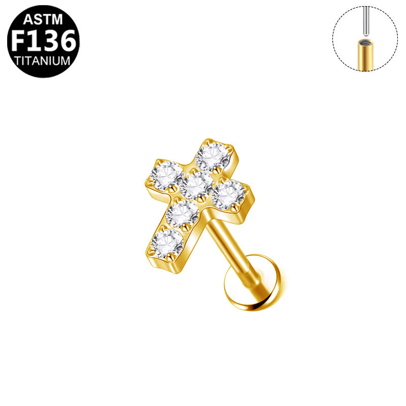 ASTM F136 Titanium 16G Cross CZ Threadless Labret Hypoallergenic Piercing Jewelry
