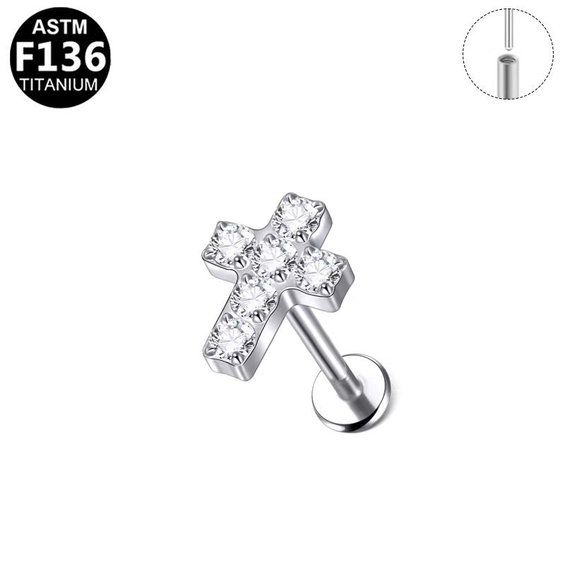 ASTM F136 Titanium 16G Cross CZ Threadless Labret Hypoallergenic Piercing Jewelry