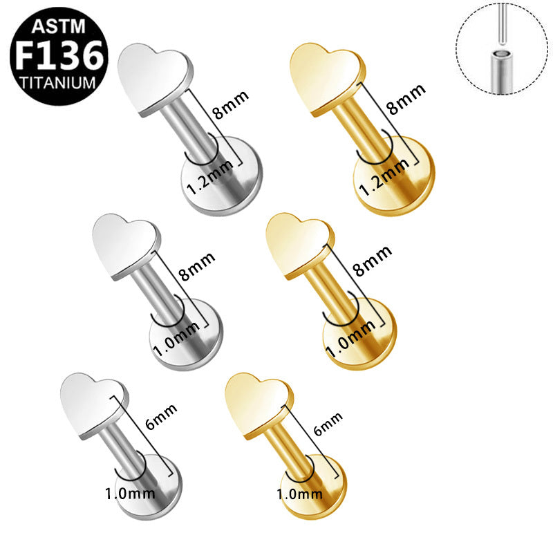 ASTM F136 Titanium 16G18G Flat Top Heart Shaped Threadless Labret Hypoallergenic Piercing Jewelry