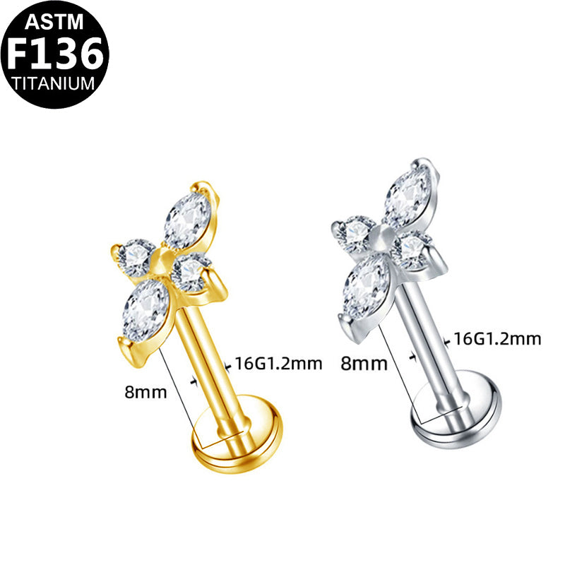 ASTM F136 Titanium 16G 4-Leaf Clover CZ Threadless Labret Hypoallergenic Implant Grade Piercing Jewelry