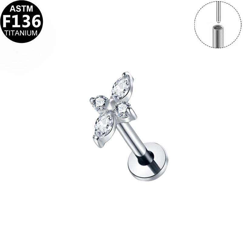ASTM F136 Titanium 16G 4-Leaf Clover CZ Threadless Labret Hypoallergenic Implant Grade Piercing Jewelry