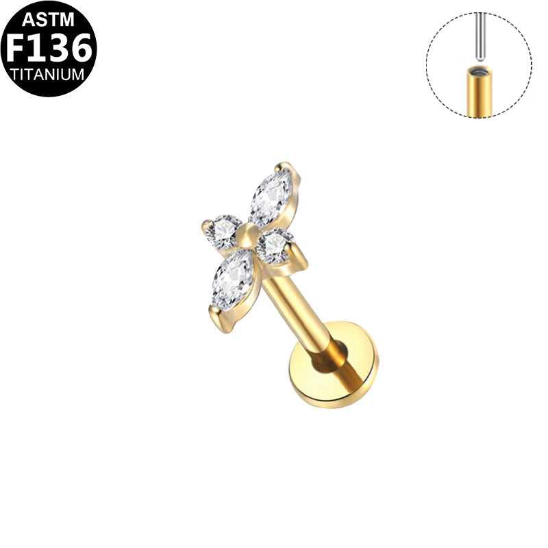 ASTM F136 Titanium 16G 4-Leaf Clover CZ Threadless Labret Hypoallergenic Implant Grade Piercing Jewelry