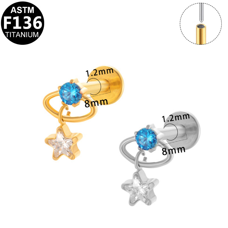 ASTM F136 Titanium 16G Threadless Labret with Blue CZ & Dangling Star Charm Hypoallergenic Piercing Jewelry
