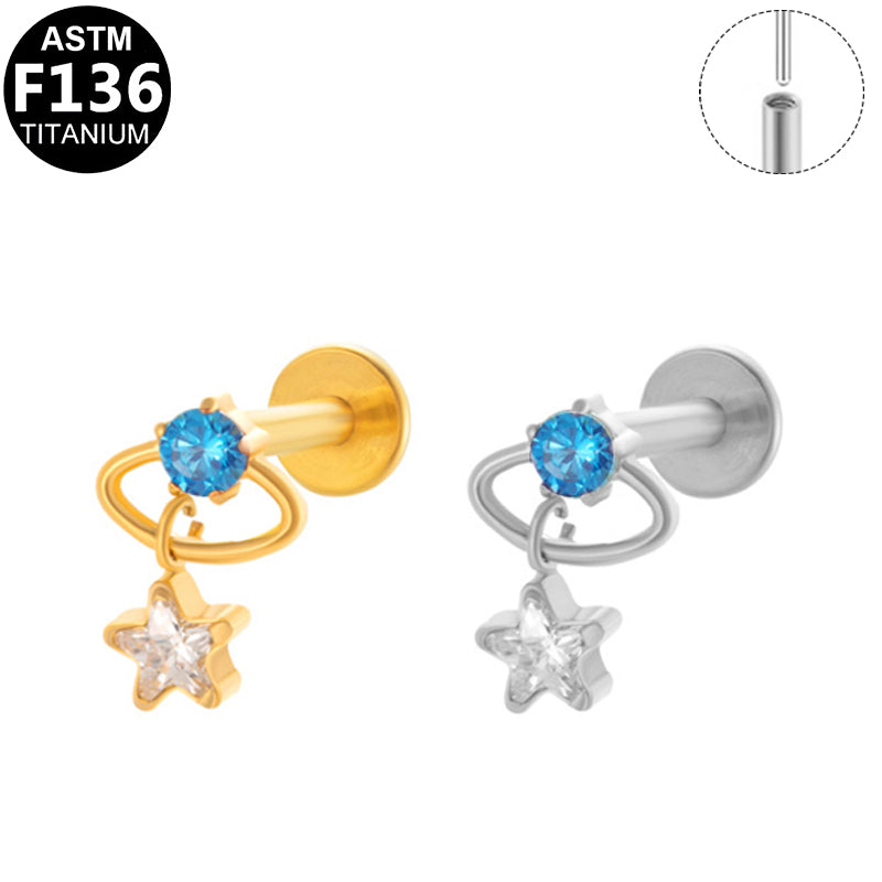 ASTM F136 Titanium 16G Threadless Labret with Blue CZ & Dangling Star Charm Hypoallergenic Piercing Jewelry