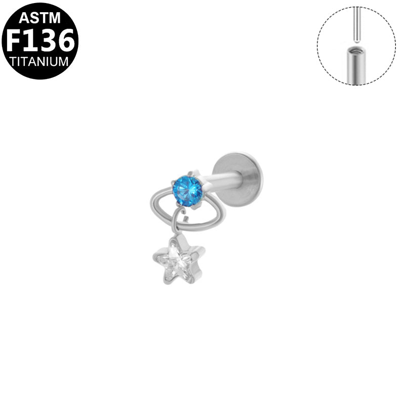 ASTM F136 Titanium 16G Threadless Labret with Blue CZ & Dangling Star Charm Hypoallergenic Piercing Jewelry