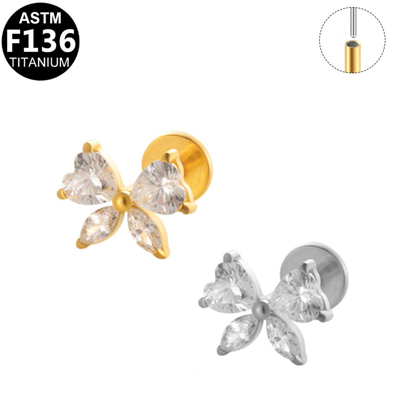 ASTM F136 Titanium 16G CZ Bow Threadless Labret Cute Sweet Hypoallergenic Impalnt Grade Piercing Jewelry
