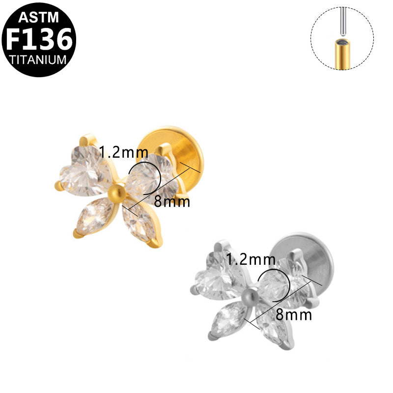ASTM F136 Titanium 16G CZ Bow Threadless Labret Cute Sweet Hypoallergenic Impalnt Grade Piercing Jewelry