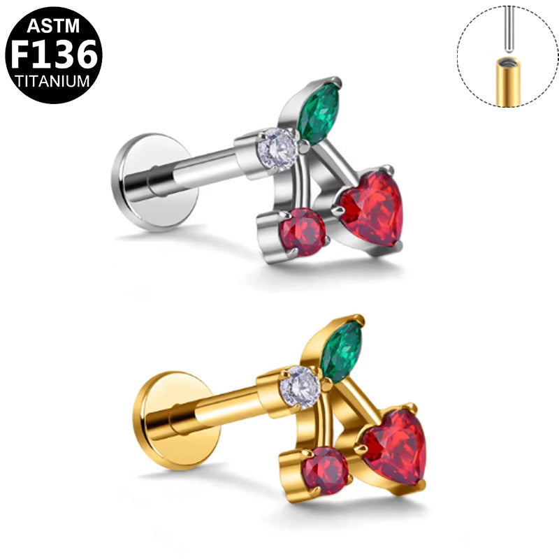 ASTM F136 Titanium 16G Cherry CZ Threadless Labret Hypoallergenic Implant Grade Piercing Jewelry