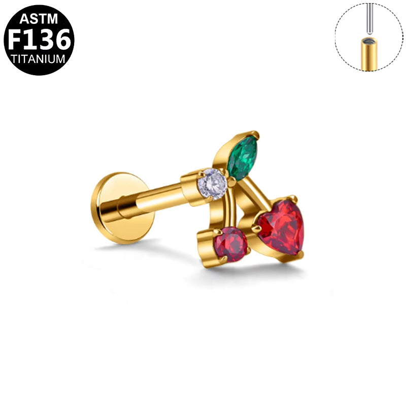 ASTM F136 Titanium 16G Cherry CZ Threadless Labret Hypoallergenic Implant Grade Piercing Jewelry