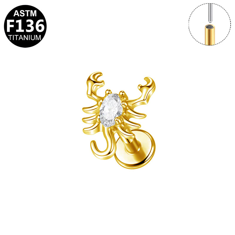 ASTM F136 Titanium 16G CZ Scorpion Threadless Labret Edgy Hypoallergenic Piercing Jewelry