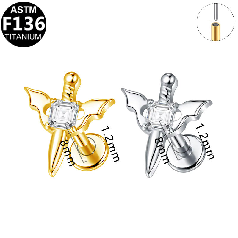 ASTM F136 Titanium 16G Bat Wing Sword CZ Threadless Labret Hypoallergenic Impalnt Grade Piercing Jewelry