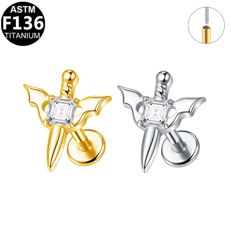 ASTM F136 Titanium 16G Bat Wing Sword CZ Threadless Labret Hypoallergenic Impalnt Grade Piercing Jewelry