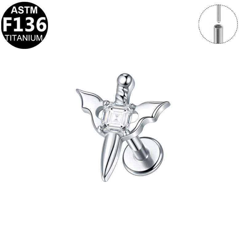 ASTM F136 Titanium 16G Bat Wing Sword CZ Threadless Labret Hypoallergenic Impalnt Grade Piercing Jewelry