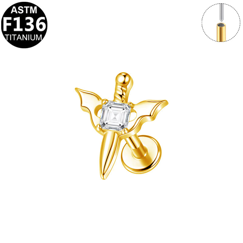 ASTM F136 Titanium 16G Bat Wing Sword CZ Threadless Labret Hypoallergenic Impalnt Grade Piercing Jewelry