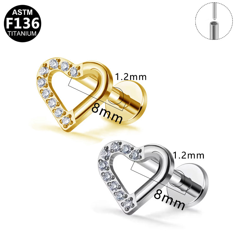 ASTM F136 Titanium 16G Open Heart CZ Paved Threadless Labret Hypoallergenic Piercing Jewelry