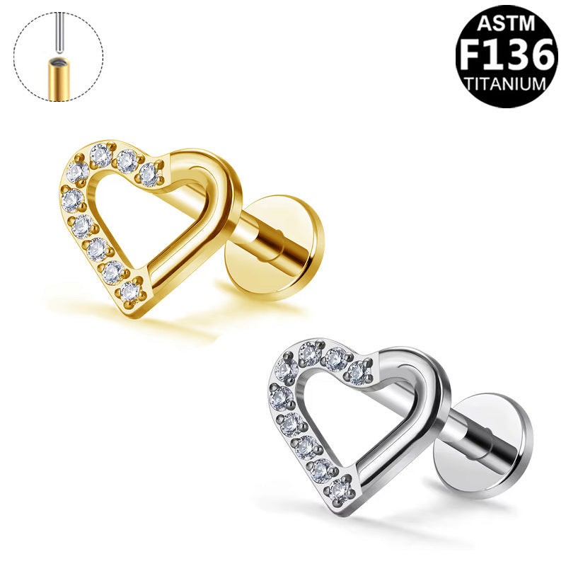ASTM F136 Titanium 16G Open Heart CZ Paved Threadless Labret Hypoallergenic Piercing Jewelry