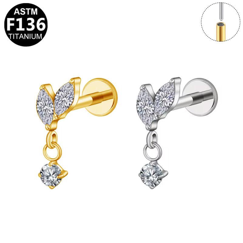 ASTM F136 Titanium 16G18G Marquise CZ Leaf Dangle Threadless Labret Hypoallergenic Implant Grade Piercing Jewelry