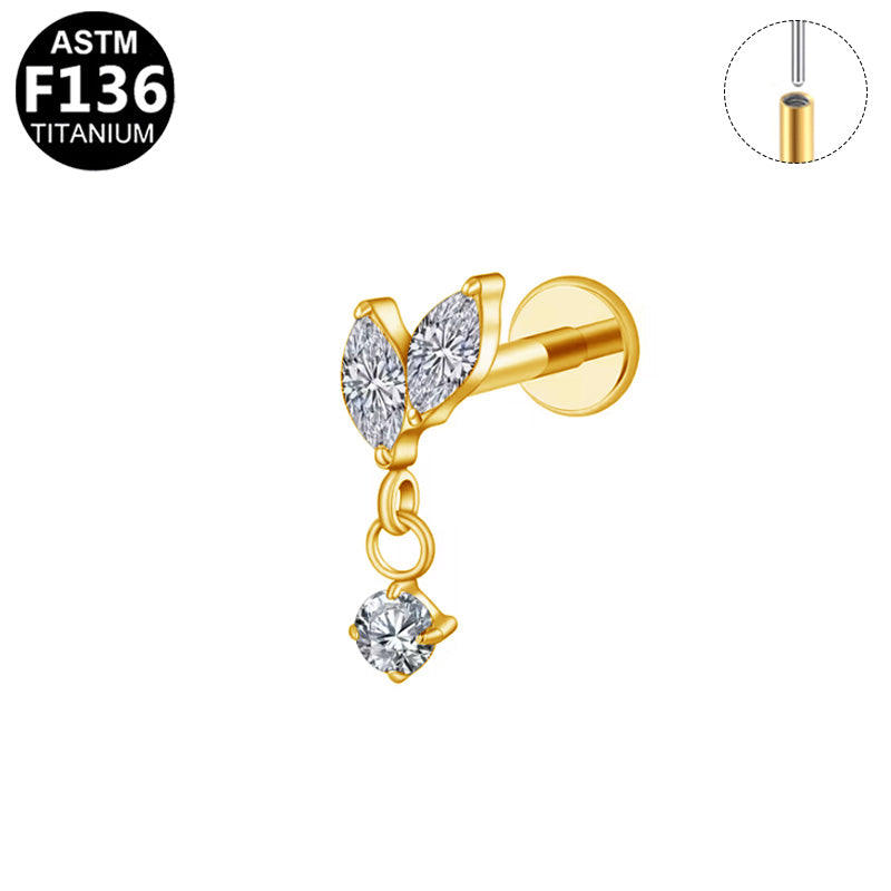 ASTM F136 Titanium 16G18G Marquise CZ Leaf Dangle Threadless Labret Hypoallergenic Implant Grade Piercing Jewelry