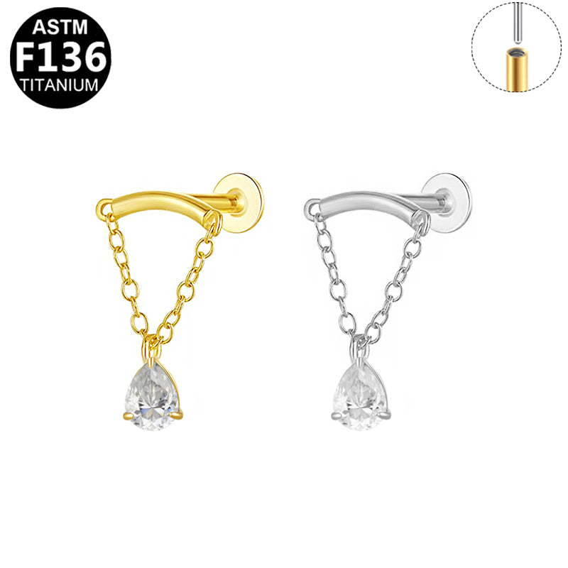 ASTM F136 Titanium 16G Curved Bar Teardrop CZ Dangle Threadless Labret Hypoallergenic Piercing Jewelry