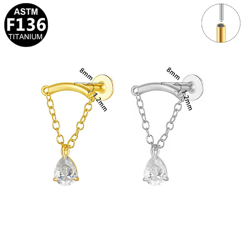 ASTM F136 Titanium 16G Curved Bar Teardrop CZ Dangle Threadless Labret Hypoallergenic Piercing Jewelry