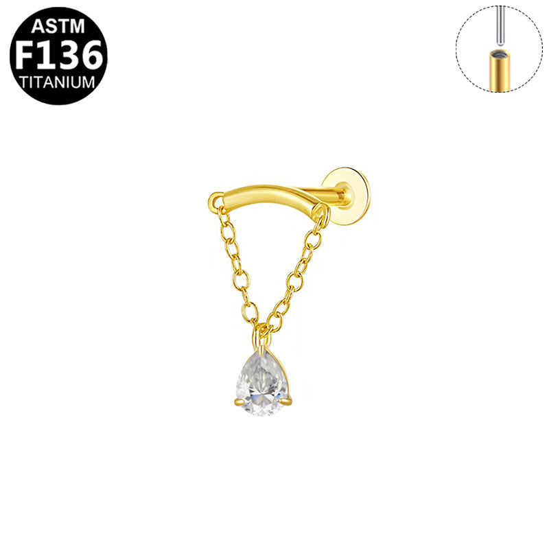 ASTM F136 Titanium 16G Curved Bar Teardrop CZ Dangle Threadless Labret Hypoallergenic Piercing Jewelry