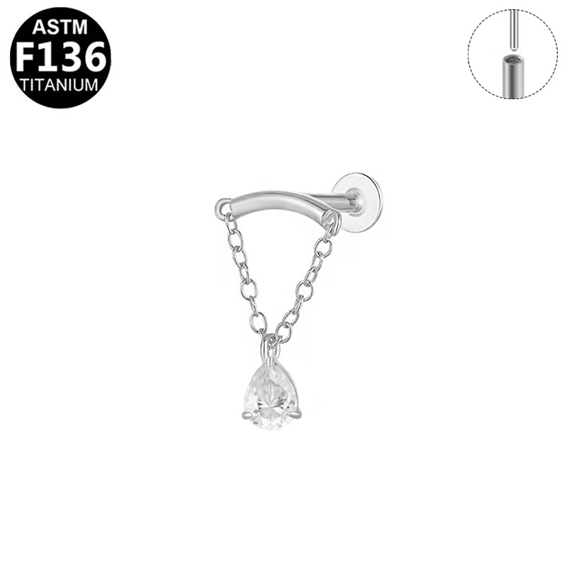 ASTM F136 Titanium 16G Curved Bar Teardrop CZ Dangle Threadless Labret Hypoallergenic Piercing Jewelry