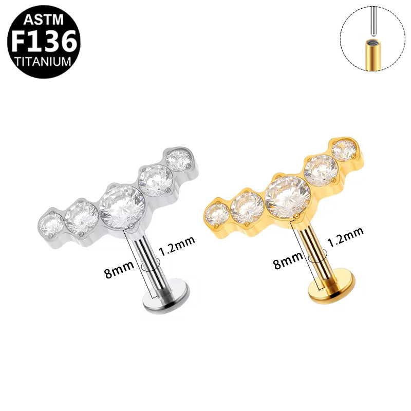 ASTM F136 Titanium 16G Five-Stone Graduated CZ Threadless Labret Hypoallergenic Piercing Jewelry