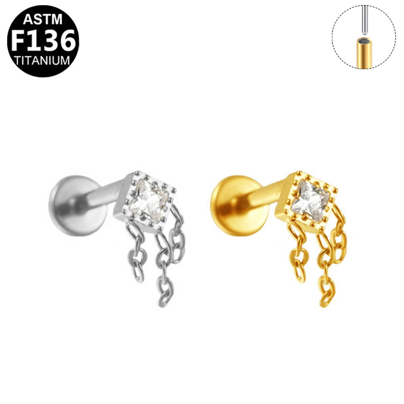 ASTM F136 Titanium 16G Square CZ Fringe Dangle Threadless Labret Hypoallergenic Implant Grade Piercing Jewelry