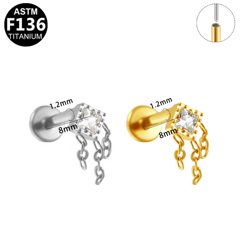 ASTM F136 Titanium 16G Square CZ Fringe Dangle Threadless Labret Hypoallergenic Implant Grade Piercing Jewelry