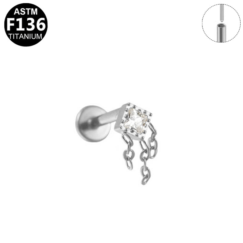 ASTM F136 Titanium 16G Square CZ Fringe Dangle Threadless Labret Hypoallergenic Implant Grade Piercing Jewelry