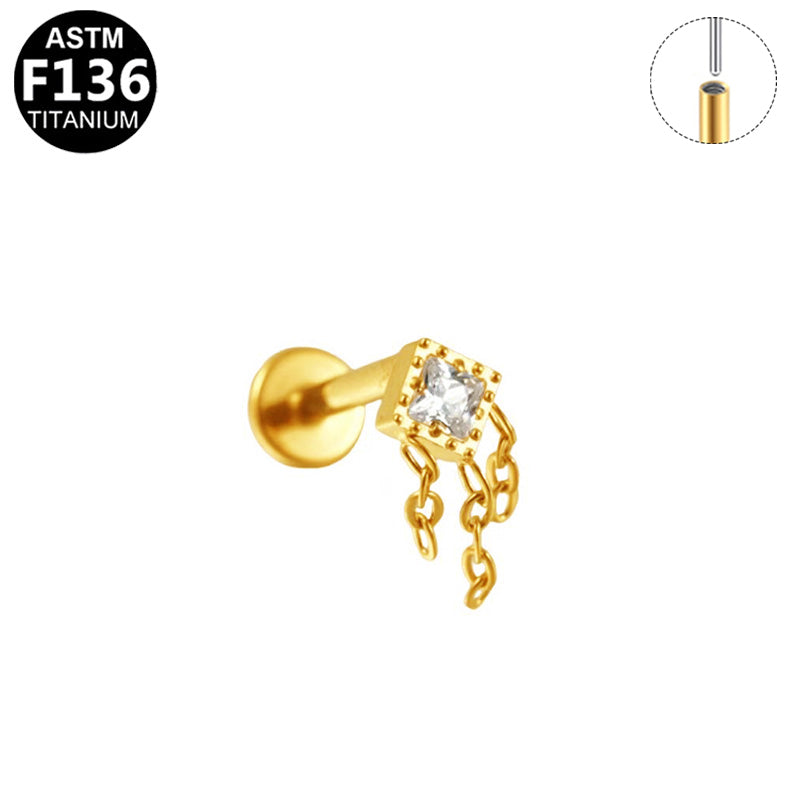 ASTM F136 Titanium 16G Square CZ Fringe Dangle Threadless Labret Hypoallergenic Implant Grade Piercing Jewelry
