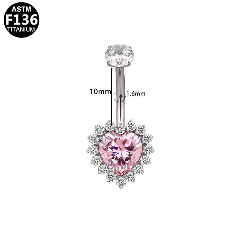 ASTM F136 Titanium 14G Pink Heart Halo CZ Internal Thread Belly Button Ring Hypoallergenic Piercing Jewelry